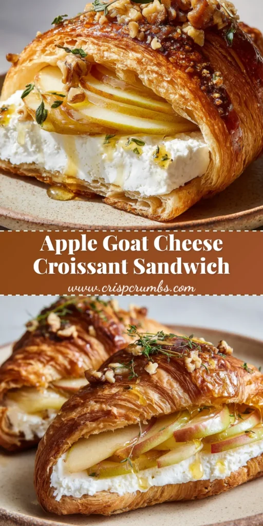 A halved, golden-brown flaky Apple Goat Cheese Croissant layered with tender caramelized apples, honey drizzle, thyme, and walnuts on a rustic plate.