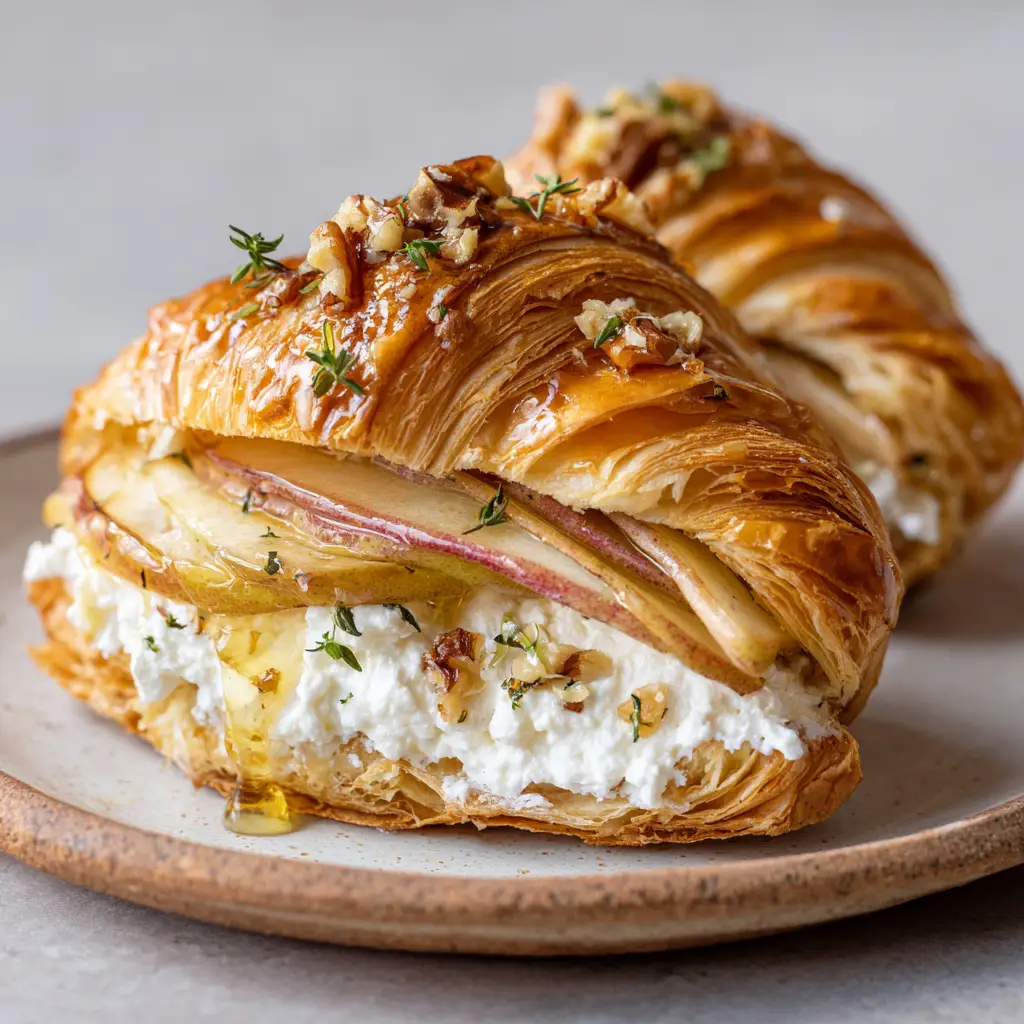 Glossy golden honey being drizzled over lightly caramelized apples, fresh thyme, and walnuts inside an Apple Goat Cheese Croissant.