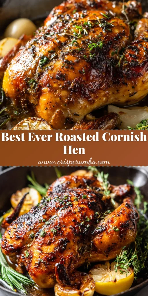 A perfectly oven-roasted whole Cornish hen with deeply golden-brown, blistered skin in a cast-iron skillet.