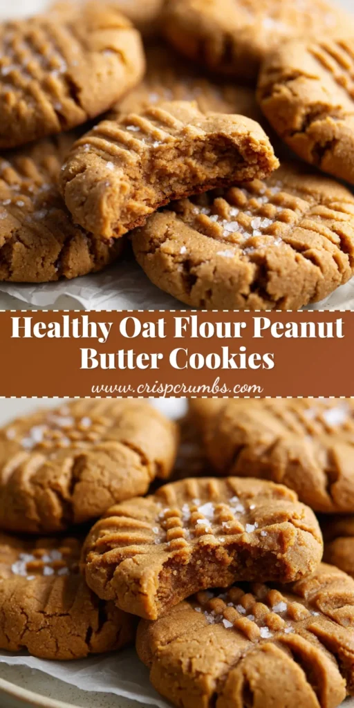 A stack of thick oat flour peanut butter cookies with criss-cross marks and flaky sea salt.