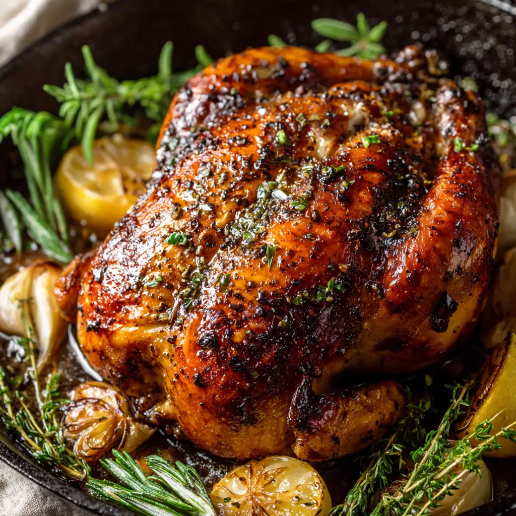 Roasted Cornish hen surrounded by charred lemon wedges, roasted garlic cloves, and fresh rosemary sprigs.