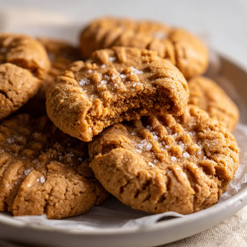 Freshly baked oat flour peanut butter cookies resting on crinkled unbleached parchment paper in soft natural daylight.