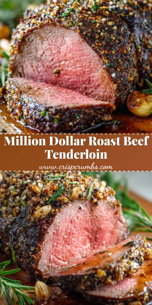 Sliced Roast Beef Tenderloin on a rustic board showing a perfectly medium-rare pink center, dark crust, and fresh rosemary garnish.