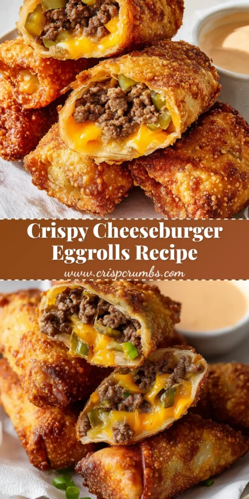 A close up of crispy golden-brown deep-fried Cheeseburger Eggrolls sliced in half, showing crumbled beef and gooey melted cheddar.