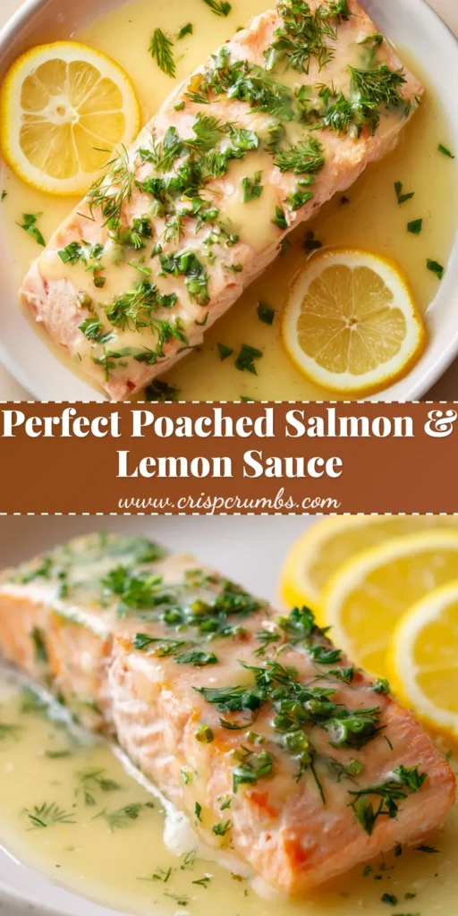 A top-down view of an opaque, light pink poached salmon fillet topped with a glossy pale yellow lemon sauce, chopped fresh dill, and parsley.