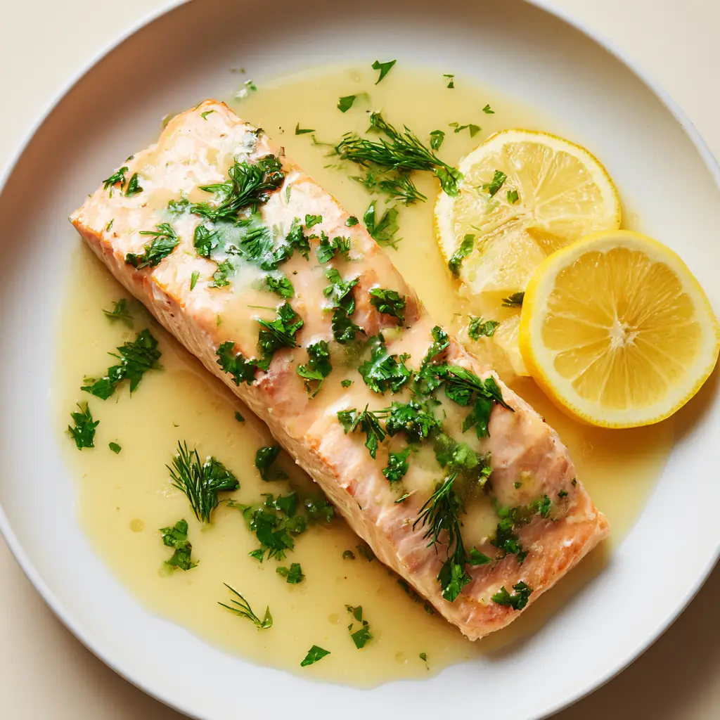 Translucent pale yellow lemon sauce dripping down the sides of a perfectly poached salmon fillet with fresh lemon slices.