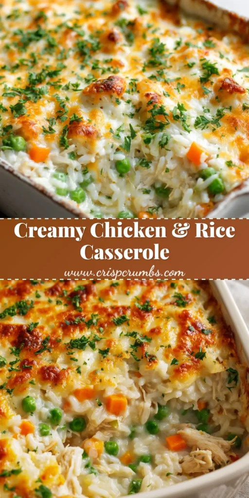 A close-up view of a freshly baked chicken and rice casserole with a golden-brown cheese crust in a rectangular baking dish.