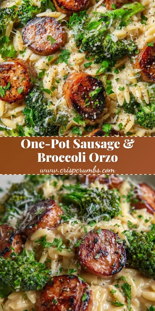 A shallow matte white ceramic bowl filled with creamy Chicken sausage and broccoli orzo, garnished with coarse black pepper and fresh parsley.