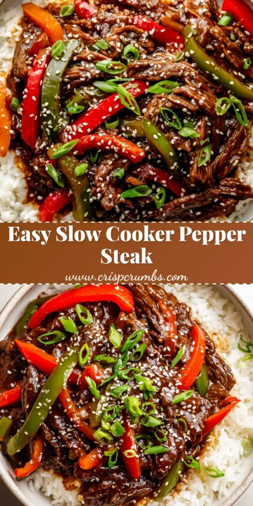 Close up overhead shot of slow cooker pepper steak served over a bed of fluffy steamed white rice, featuring tender braised beef in a glossy dark brown sauce with red and green bell peppers.
