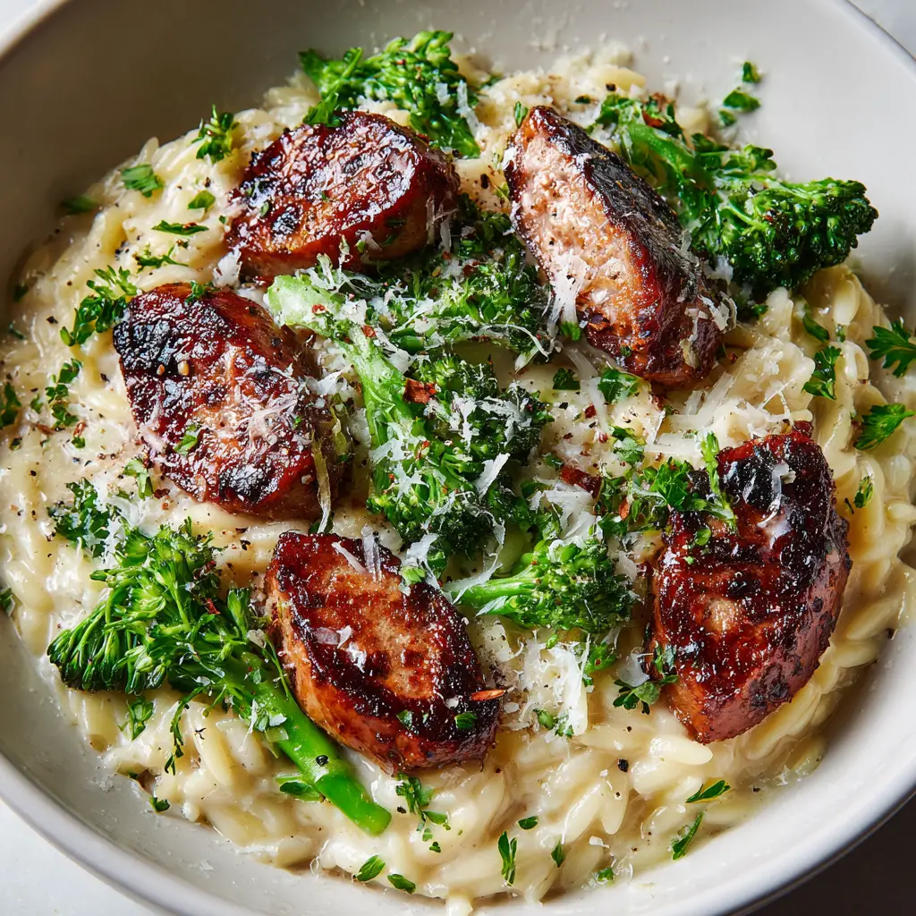 Thick, diagonal slices of deeply browned, seared chicken sausage with glistening charred edges layered intimately throughout creamy orzo pasta.