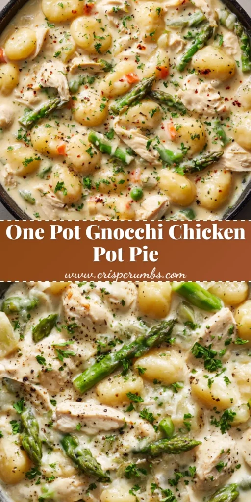 A rustic cast iron skillet filled with a thick, velvety Gnocchi Chicken Pot Pie garnished with fresh parsley and black pepper.