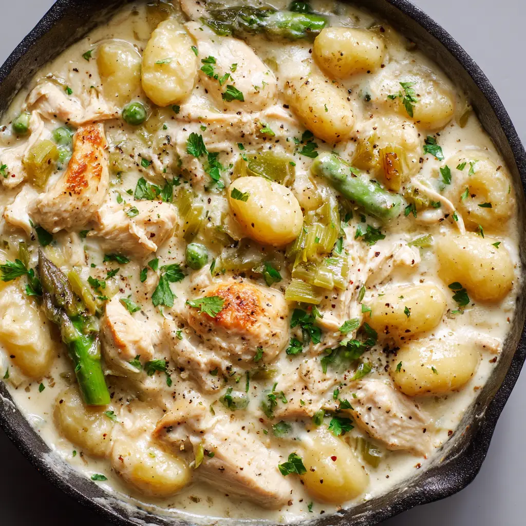 Golden simmered edges of a creamy gnocchi chicken pot pie in a rustic skillet.