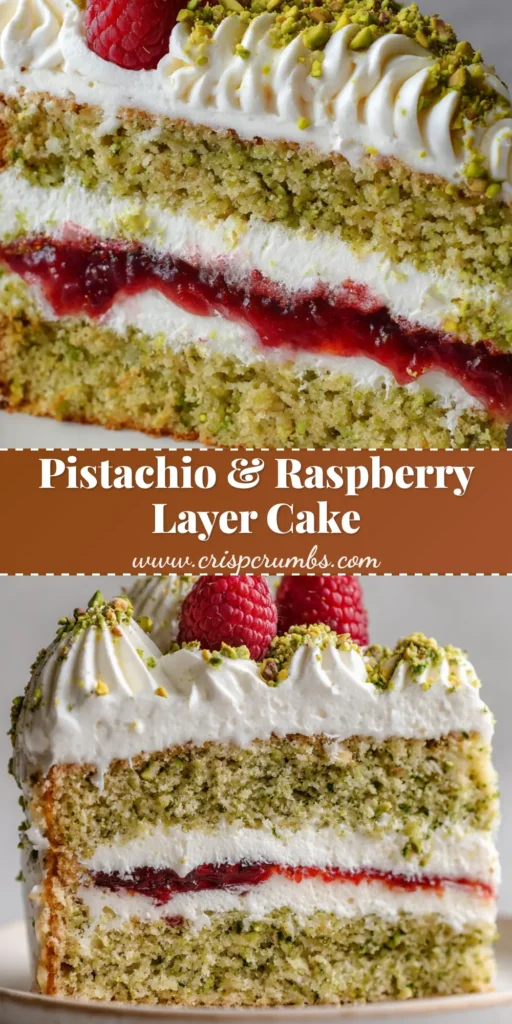 A tall slice of Pistachio Raspberry Layer Cake on a round white plate with green sponge, red jam, and white cream.