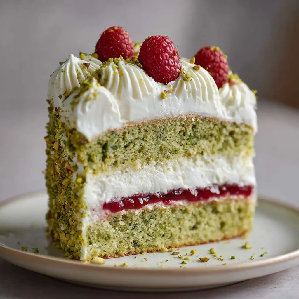Top layer of the Pistachio Raspberry Layer Cake generously swirled with white whipped cream, fresh red raspberries, and crushed pistachios.
