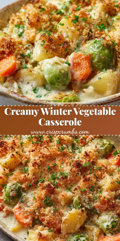 A bubbling Winter Vegetable Casserole with a golden breadcrumb topping in a rustic baking dish.