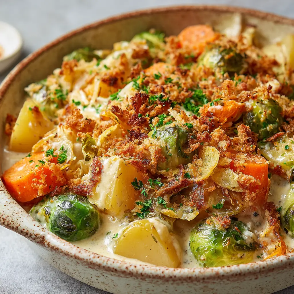 Golden-brown toasted Panko breadcrumb crust on top of a Winter Vegetable Casserole.
