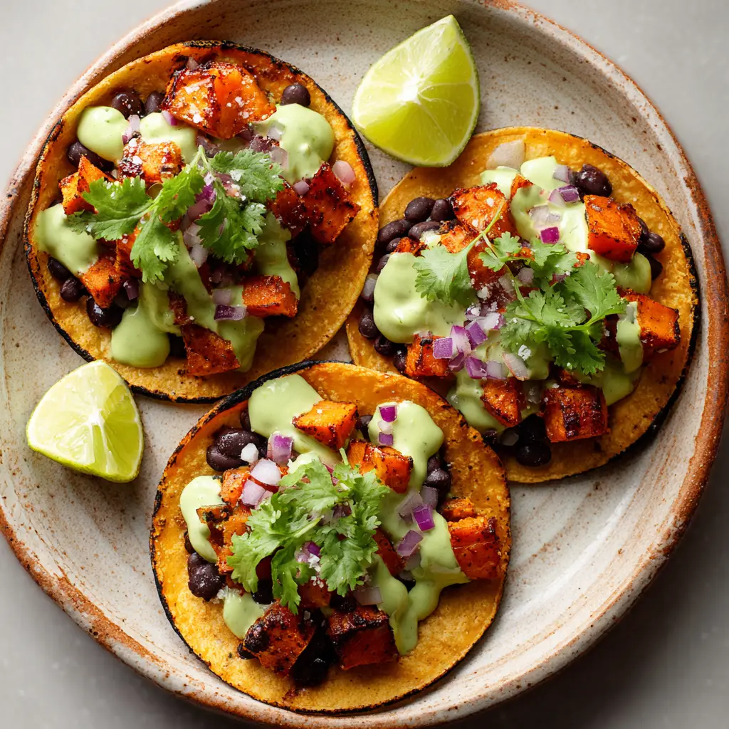Pale green creamy avocado sauce drizzled in tight zigzag patterns over roasted sweet potatoes and black beans in a corn tortilla, garnished with cilantro and coarse salt.