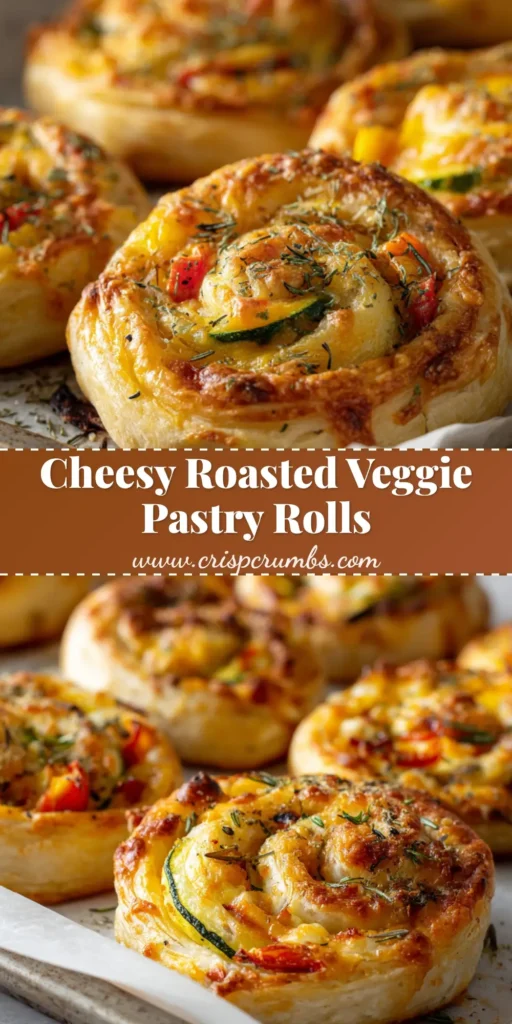 Close up shot of freshly baked savory puff pastry rolls on a metal baking tray lined with white parchment paper, featuring bubbling melted cheddar cheese and diced roasted vegetables. (Cheesy vegetable puff pastry rolls)