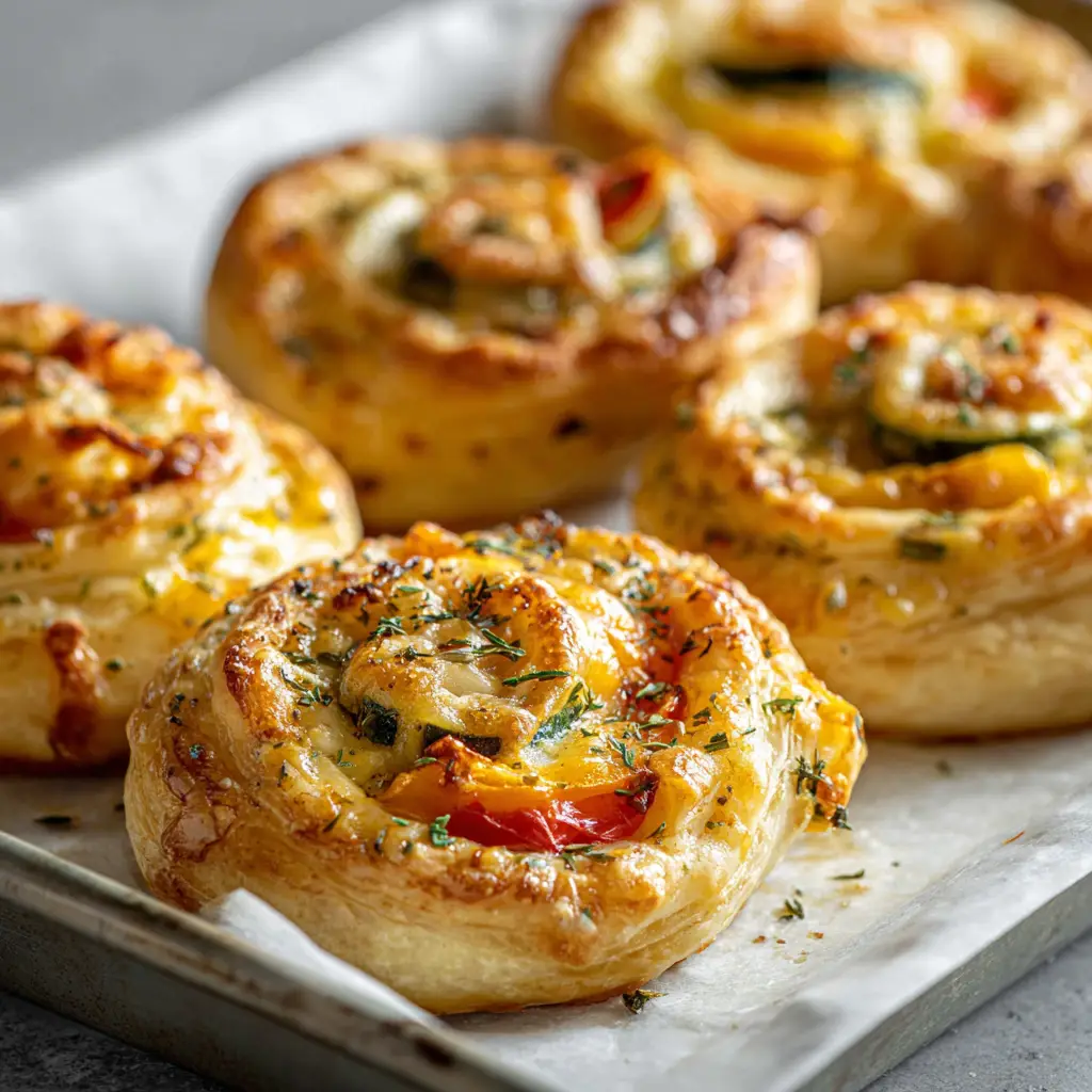 Golden brown flaky puff pastry swirls filled with melted cheddar cheese, diced zucchini, and bell peppers, topped with an egg wash finish and dried herbs. (Cheesy vegetable puff pastry rolls)