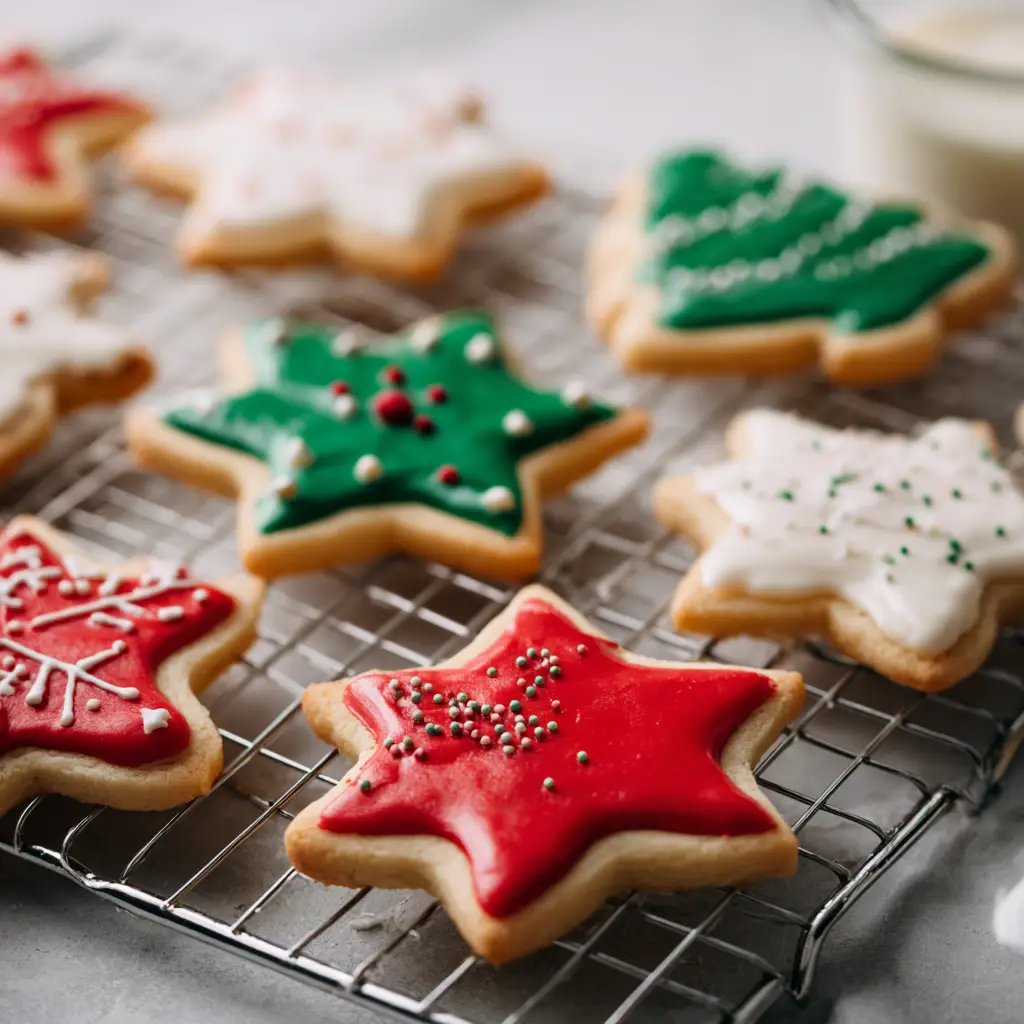 A clear glass mixing bowl containing thick white sugar cookie icing that hardens, next to beautifully decorated cookies.