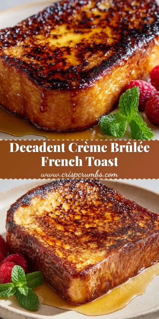 A thick slice of golden-brown brioche Crème Brûlée French Toast with a glossy dark amber torched sugar crust, fresh raspberries, and mint.