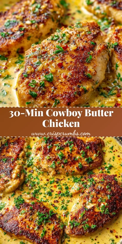An overhead shot of Creamy Cowboy Butter Chicken in a dark cast iron skillet. Golden seared chicken is covered in a rich, creamy yellow sauce speckled with red pepper flakes and fresh parsley.