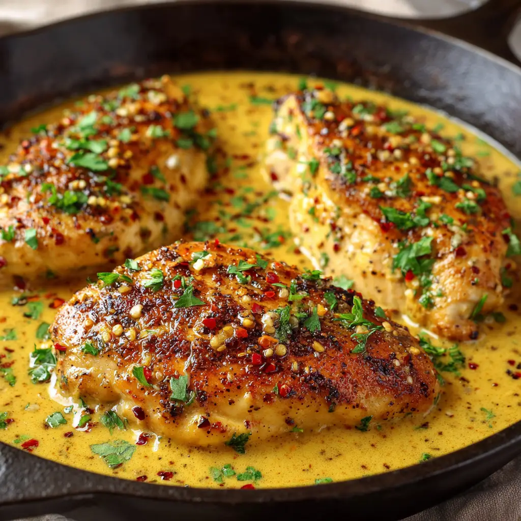 Side angle of the Creamy Cowboy Butter Chicken in a skillet, showing the texture of the rich sauce and the specks of red pepper and parsley.
