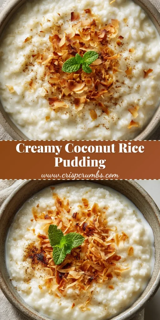 A close-up, top-down view of creamy coconut rice pudding in a rustic bowl, garnished with toasted coconut, nutmeg, and a mint sprig.