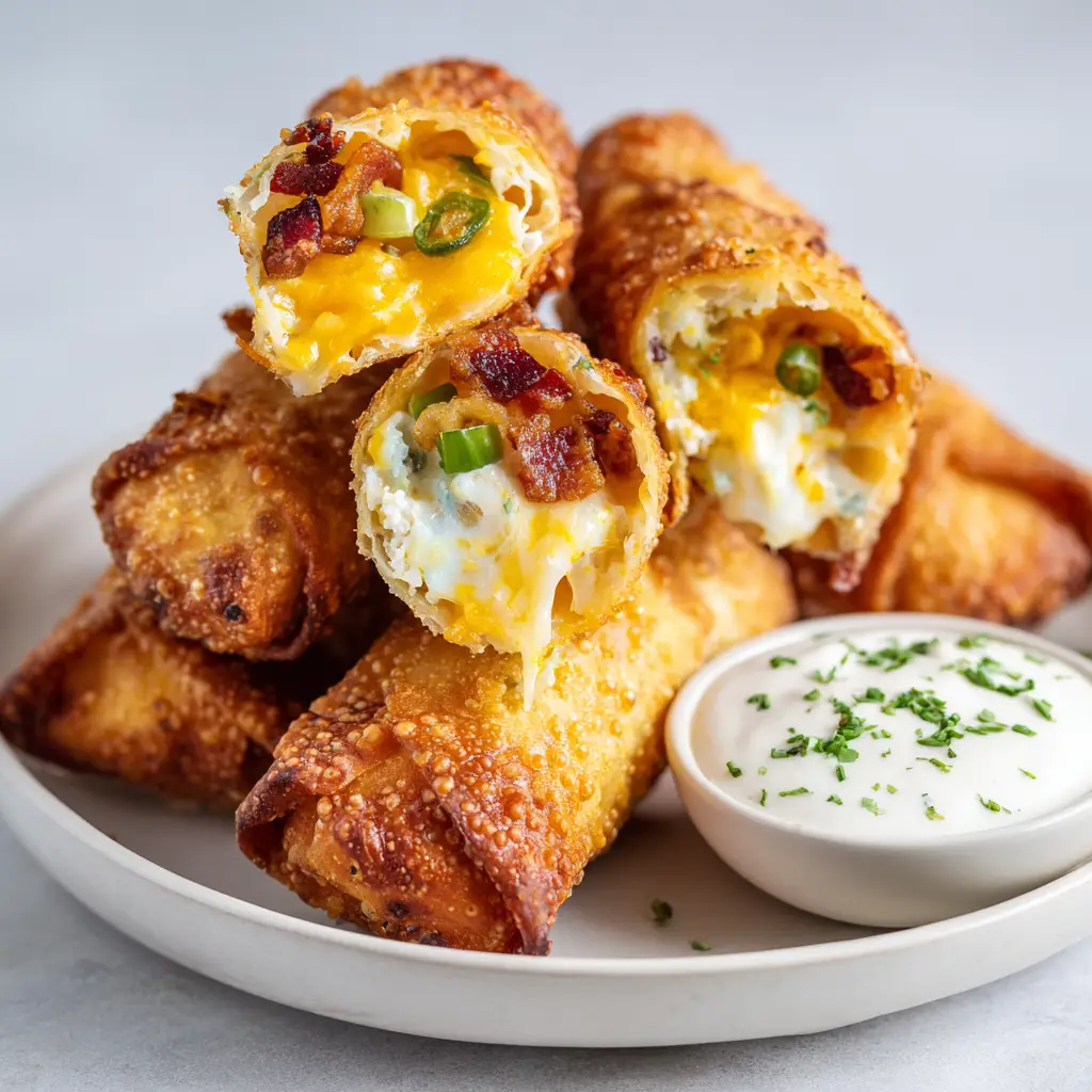 A stack of halved Jalapeno Popper Egg Rolls on a white plate next to a ramekin of creamy ranch dip garnished with dill.