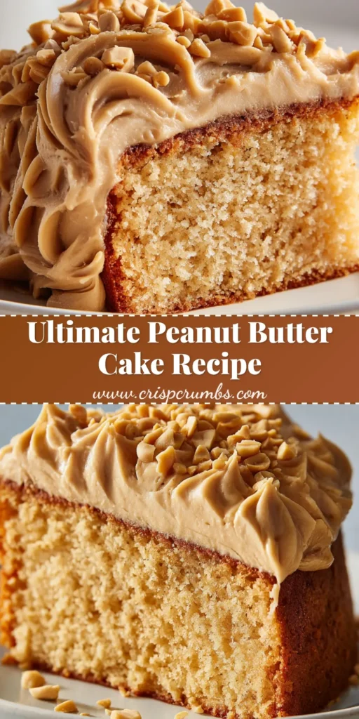A perfect slice of moist peanut butter cake with thick, creamy peanut butter frosting and chopped peanut garnish on a white plate.