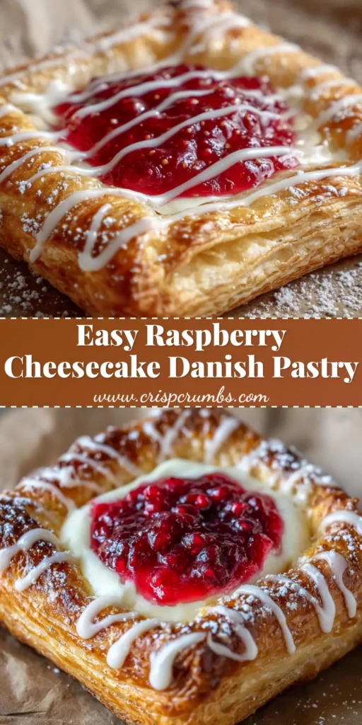 A close-up of a single rustic Raspberry Cheesecake Danish sitting on crinkled parchment paper, ready to be eaten.