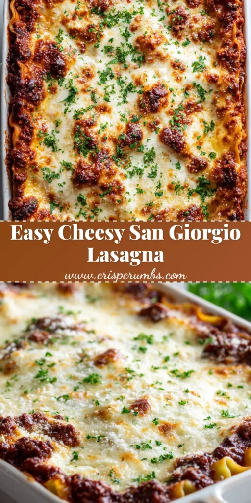 A freshly baked San Giorgio Lasagna in a white casserole dish, featuring a perfectly melted mozzarella topping with golden-brown charred spots and a garnish of fresh parsley. (San Giorgio Lasagna Recipe)