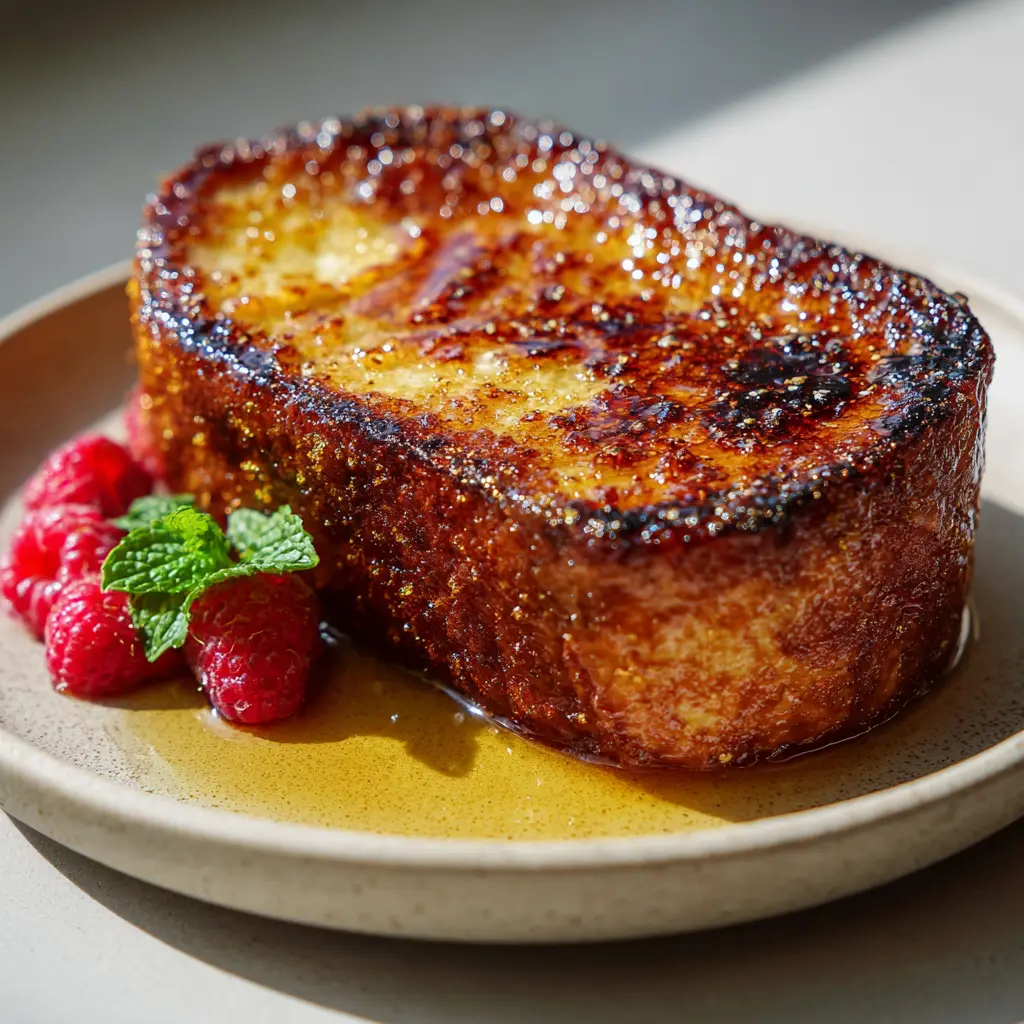 Searing golden-brown Crème Brûlée French toast in a cast iron skillet with melted butter.