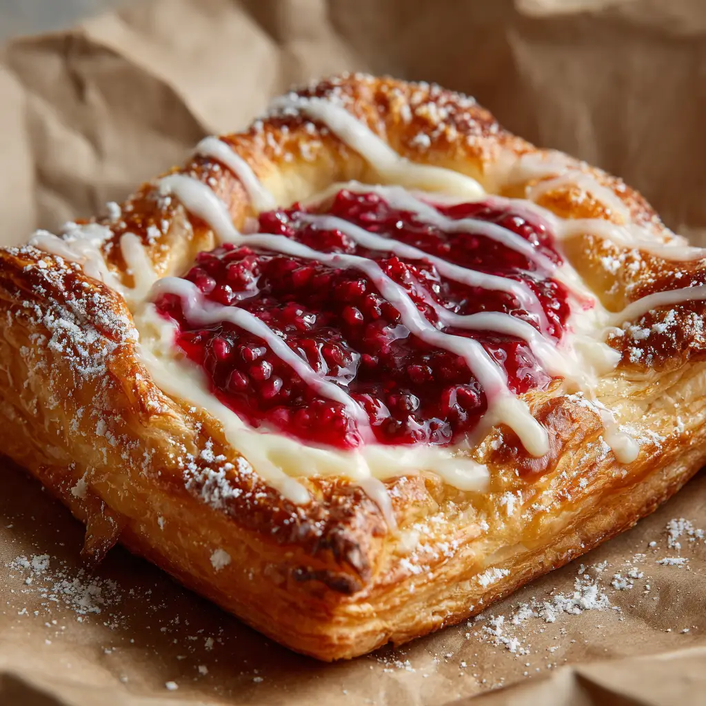 A side view of the Raspberry Cheesecake Danish, showcasing the puffed-up layers of pastry and the generous filling.