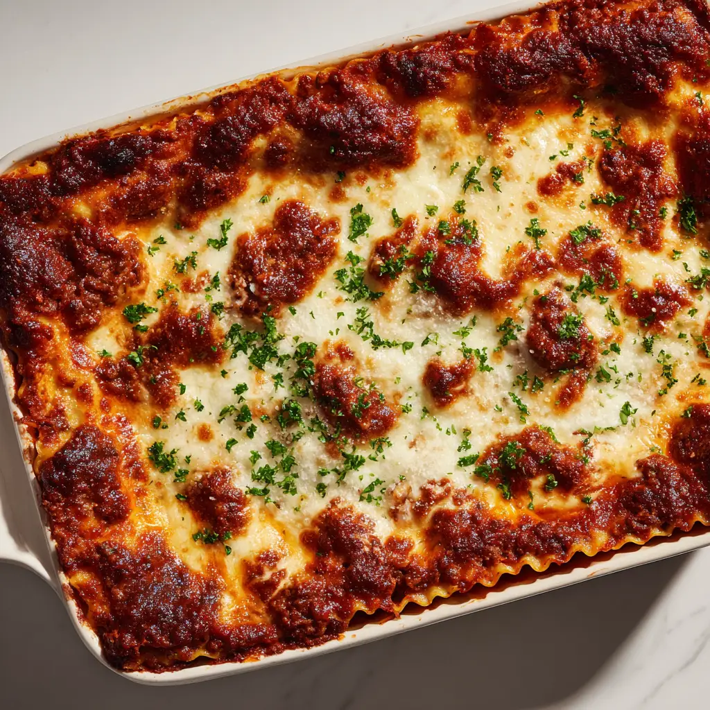A rectangular white ceramic casserole dish filled with a freshly baked lasagna, garnished with fresh green parsley and grated parmesan cheese.