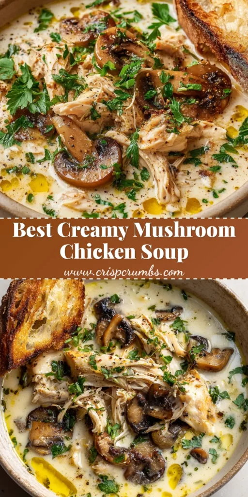 A rustic bowl of Creamy Mushroom Chicken Soup with seared mushrooms, shredded chicken, fresh parsley, and cracked black pepper, with a slice of sourdough bread dipping in.