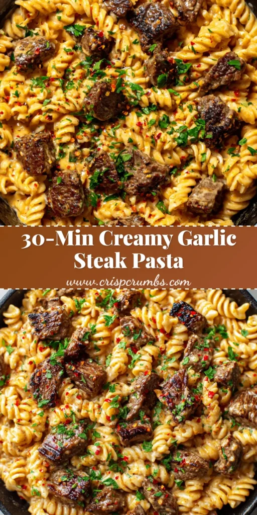 An overhead shot of Garlic Butter Steak Pasta in a dark skillet. The creamy pasta is topped with seared steak bites, fresh parsley, and red pepper flakes.