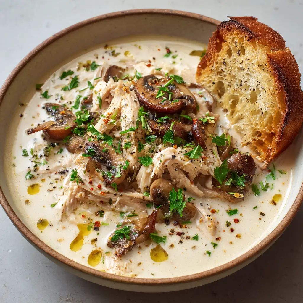 An overhead shot of Creamy Mushroom Chicken Soup in a rustic bowl, garnished with fresh parsley and cracked black pepper.