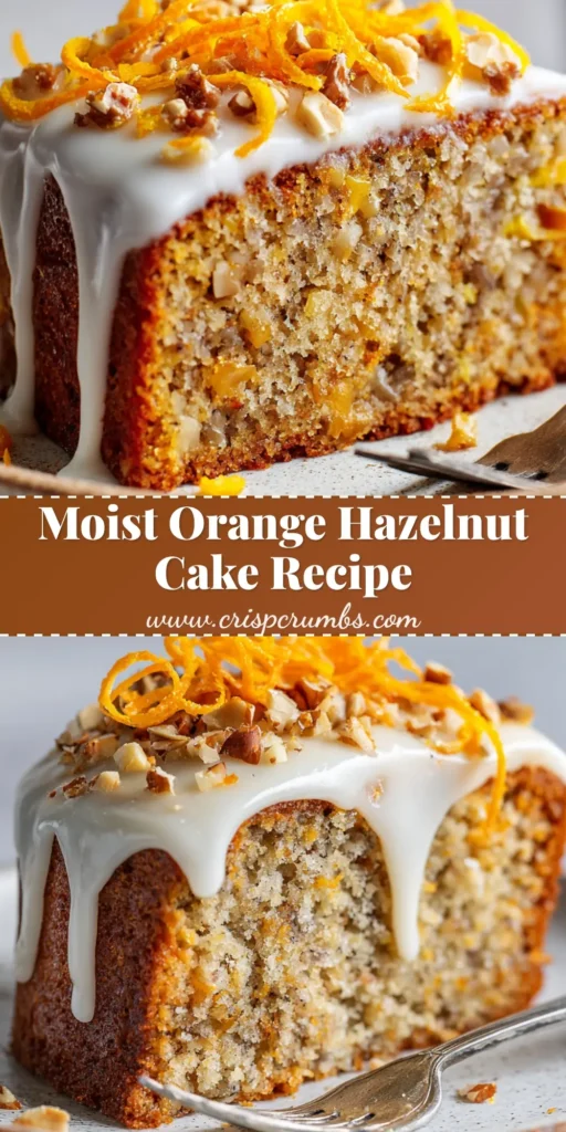 A slice of moist Orange Hazelnut Cake on a white plate, topped with glossy white icing, toasted hazelnuts, and candied orange peel curls.