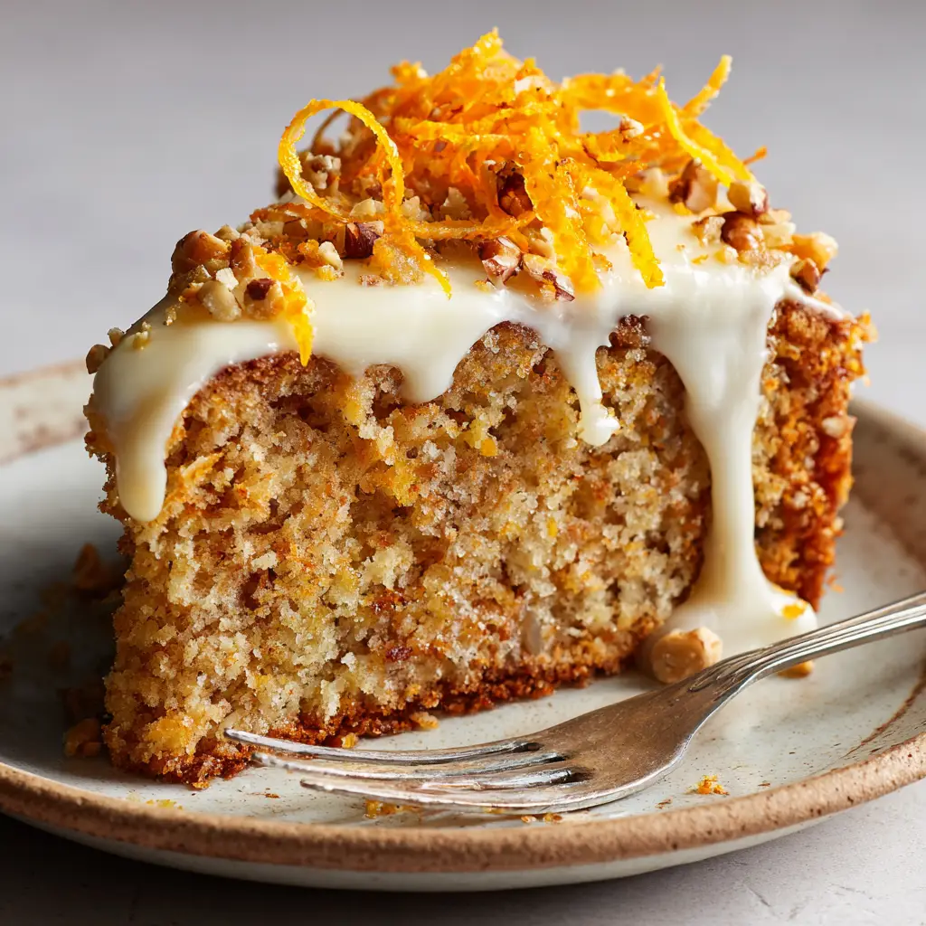 Top-down view of the Orange Hazelnut Cake, generously garnished with bright candied orange curls and toasted hazelnuts over a thick white icing.