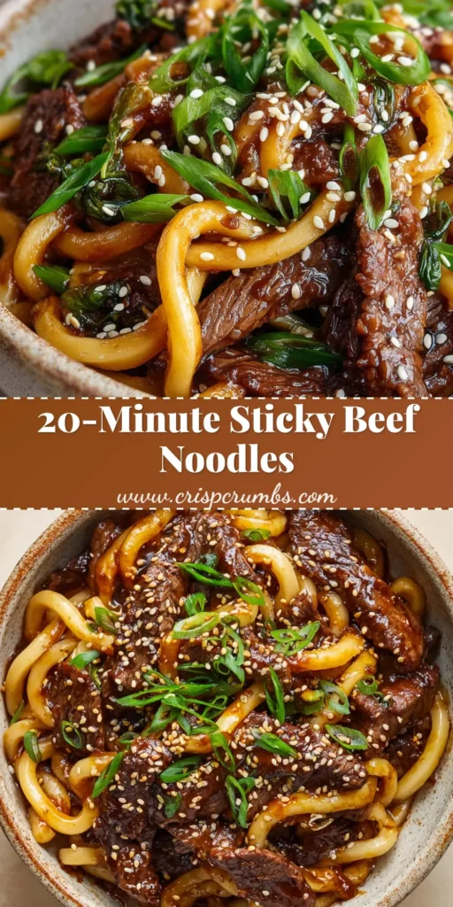 A close-up shot of a rustic ceramic bowl filled with glossy Sticky Beef Noodles, topped with toasted sesame seeds and fresh green scallions.