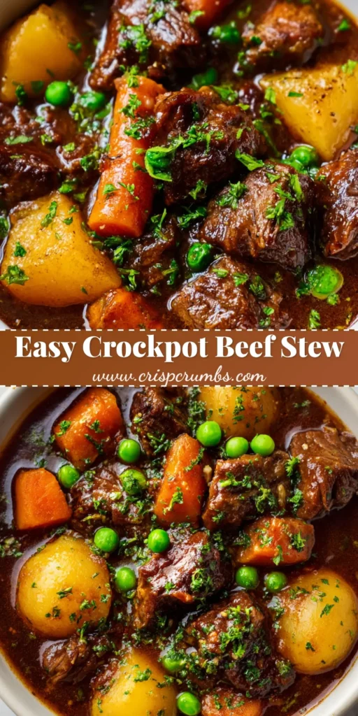 A top-down shot of a rich and hearty Crockpot Beef Stew in a white bowl. The stew has a thick, dark gravy with tender beef, carrots, potatoes, and peas, garnished with fresh parsley.