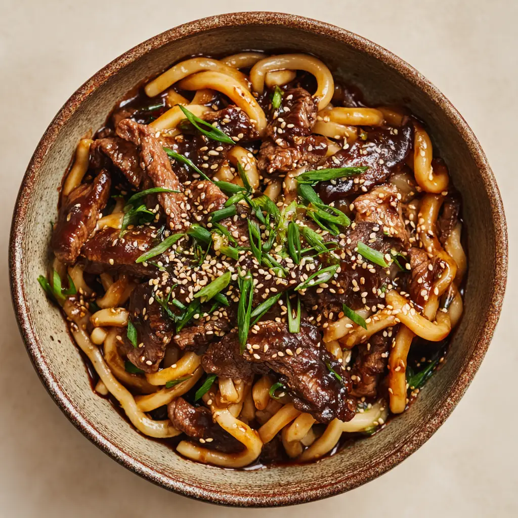 An overhead view of the finished Sticky Beef Noodles, garnished with bright green scallions and toasted white sesame seeds.