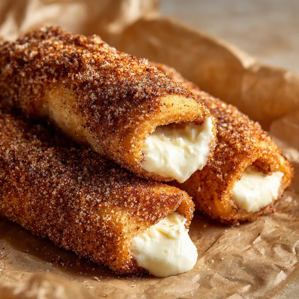 A batch of freshly baked Cream Cheese Cinnamon Rolls resting on crinkled parchment paper, with one broken open to show the thick cream cheese filling oozing out.