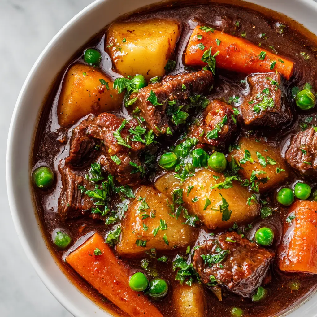 A perfectly composed bowl of slow cooker beef stew with tender beef, thick-cut carrots, cubed potatoes, bright green peas, and fresh parsley garnish.