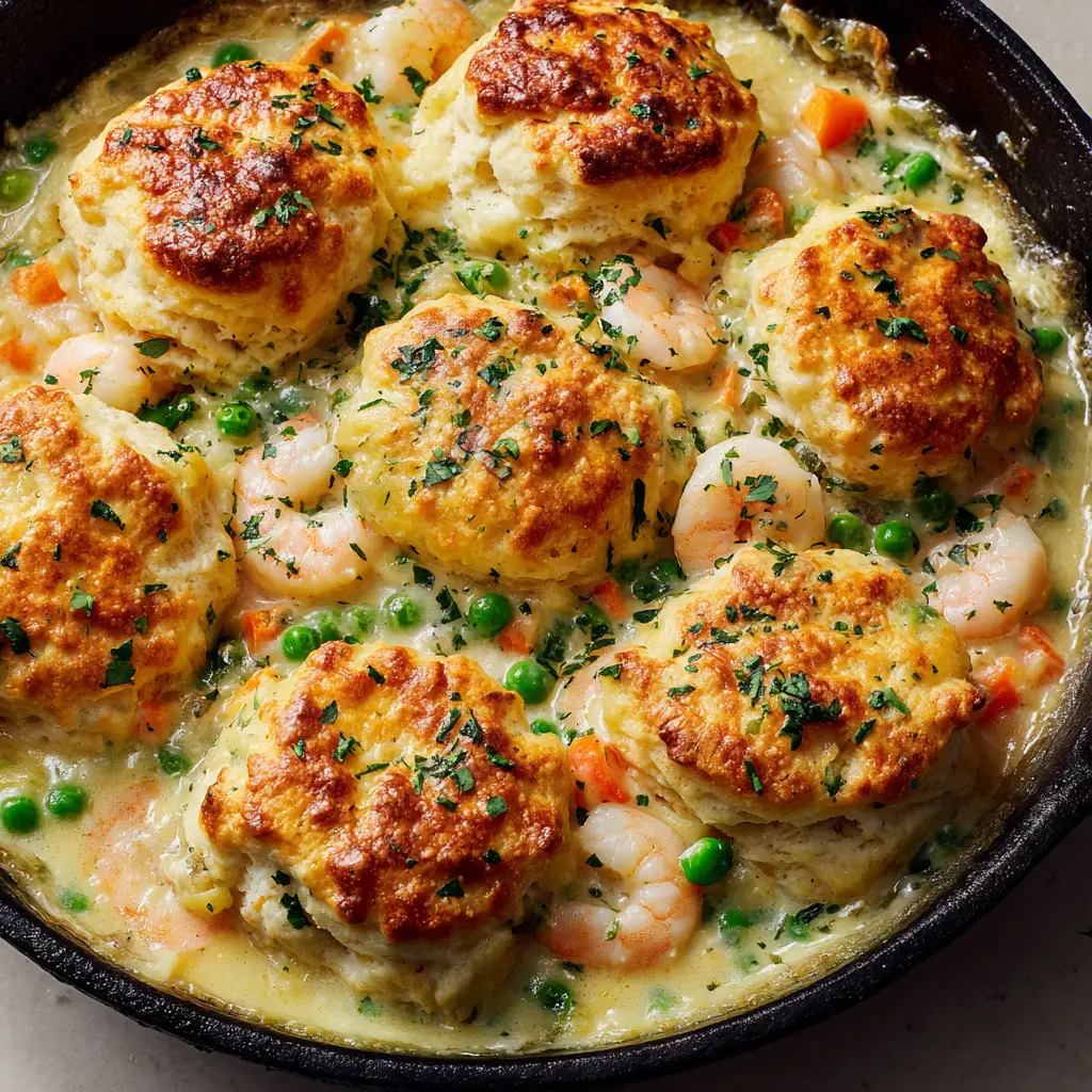 A detailed view of the golden-brown cheddar drop biscuit topping on the seafood pot pie, garnished with melted butter and parsley.
