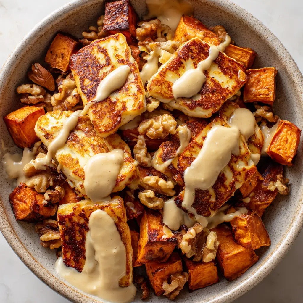 Close up shot showing the diverse textures of the crispy halloumi, soft sweet potatoes, and crunchy walnuts in a ceramic bowl.