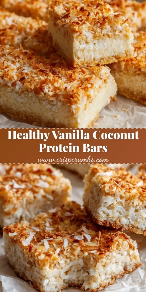 A stack of thick, dense vanilla coconut protein bars resting on white parchment paper, topped with toasted coconut.