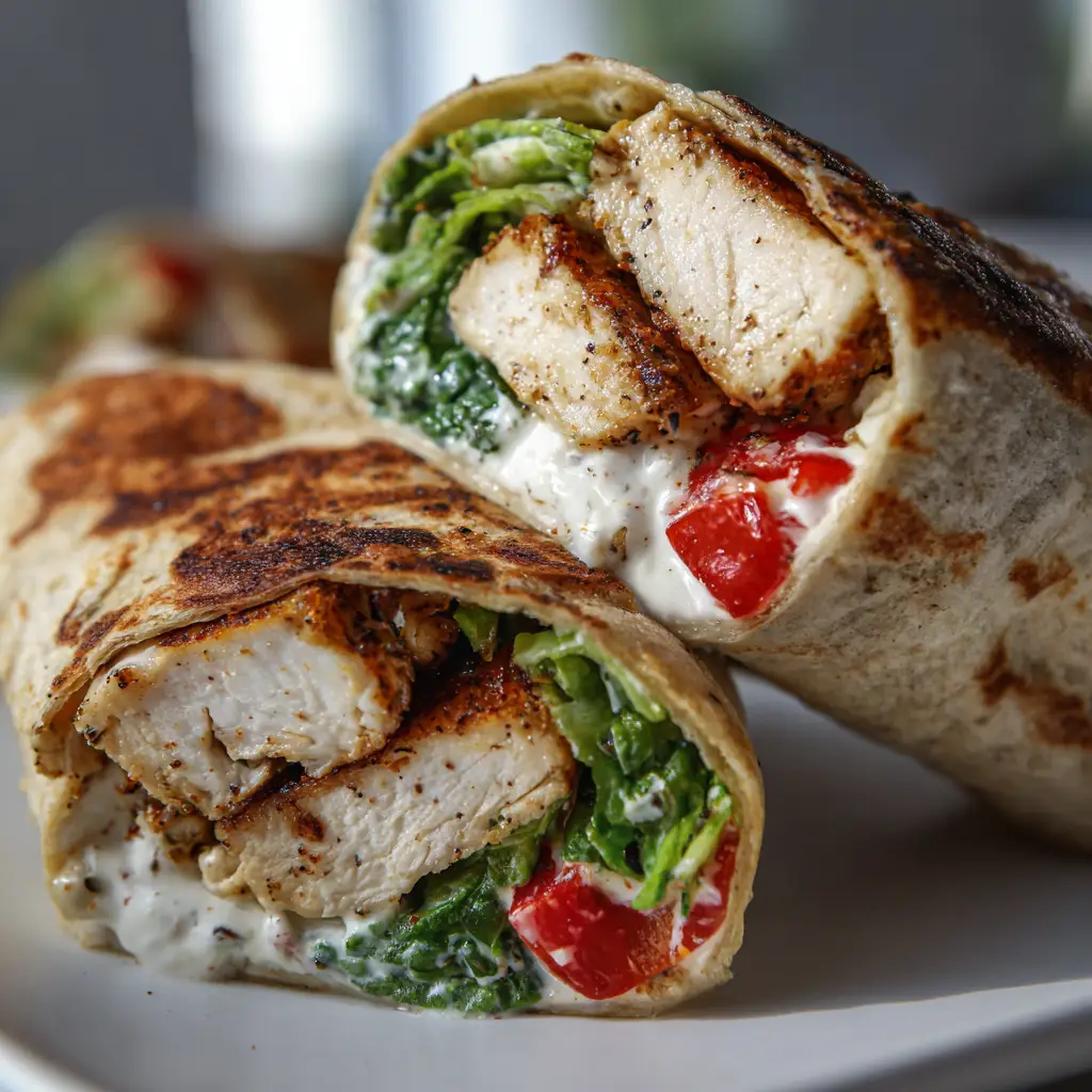 Thick chunks of golden-brown pan-seared chicken breast cooking in a cast iron skillet for chicken wraps.