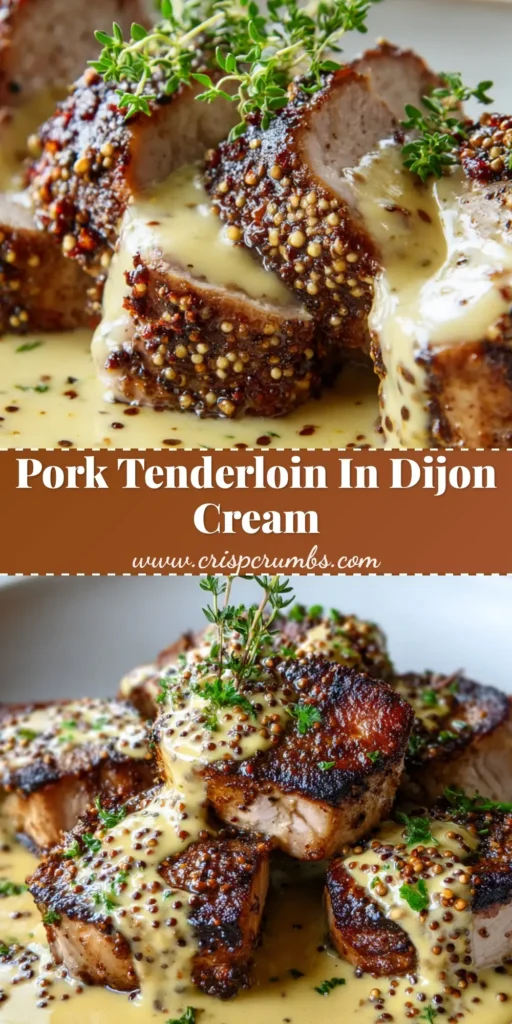 Overlapping pan-seared pork tenderloin medallions with a dark crust, covered in a pale yellow Dijon cream sauce with whole grain mustard seeds and fresh parsley.